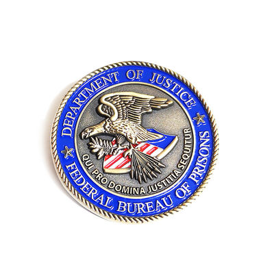 Buy Antique Brass Finish Zinc Alloy Coins 3D Die Casted With Bureau Of Prisons Design online manufacture