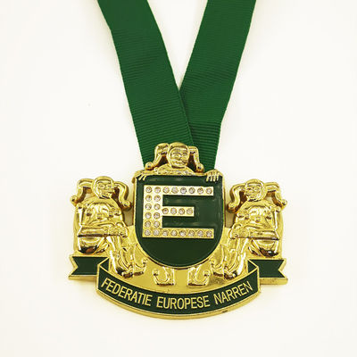 Diecasted Gold Metal Carnival Medal 3D Narren Design With Acrylic Stones And Ribbon